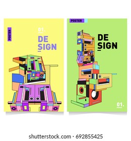 Flat color covers set. Colorful geometric shapes with typography poster design template. Trendy design and colorful summer theme. 