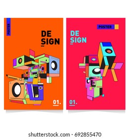 Flat color covers set. Colorful geometric shapes with typography poster design template. Trendy design and colorful summer theme. 