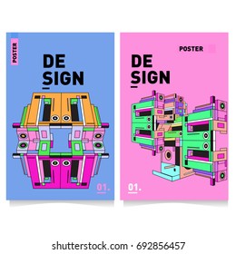 Flat color covers set. Colorful geometric shapes with typography poster design template. Trendy design and colorful summer theme. 