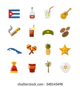 Flat color cuba icons with  state sovereignty elements national and cultural traditions and climate symbols isolated vector illustration 