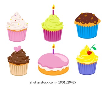 Flat color cupcakes icon set. Cartoon flat cake set isolated on white background  vector illustration. Happy birthday party cakes with decorations.