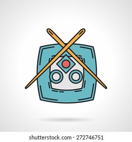Flat color design for blue square plate with sushi and chopsticks on white background. Seafood menu