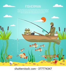 Flat color design concept with fisherman with spinning in boat reeds and fishes in lake flat vector illustration   