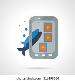 Flat color design fish selfie vector icon. Taking picture photo of fish with phone, selfie shot, cat food. Web design elements.
