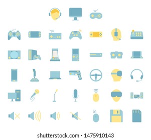 Flat color design icon set of video game, computer game and esport device concept.