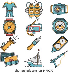 Flat color design icons vector collection for scuba diving equipment and objects on white background.