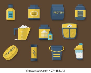 Flat color design icons vector collection of yellow and blue jars for sports nutrition program on brown background. 