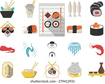 Flat color design icons vector collection of traditional japanese seafood menu on white background.