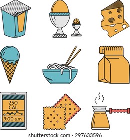 Flat color design with lines vector icons set of breakfast or lunch diet elements on white background