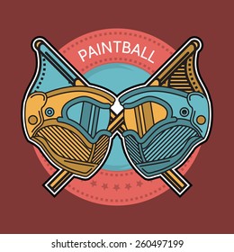 Flat color design logotype with yellow and blue paintball helmets and with crossed team flags on round red label with white word Paintball. Vector illustration on brown background. Logo