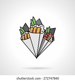 Flat color design for set of cone temaki-zushi on white background. Seafood menu