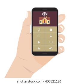 Flat color design style modern vector illustration concept of smart house technology system. Centralized control Smart House. For home control infographic design element. Hand holding smart phone