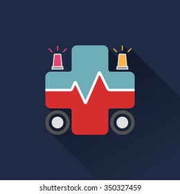 Flat color design vector ambulance icon on dark blue background. Long shadow design