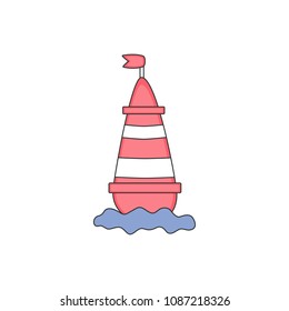 Flat color design vector icon for red sea buoy with flag in water on white background. Vector illustration.