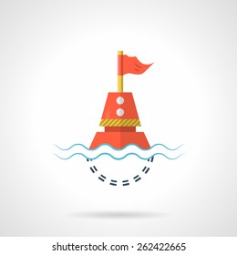 Flat color design vector icon for red sea buoy with flag in water on white background.