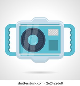 Flat color design vector icon for blue camera in waterproof case for snorkeling and diving yellow stripes on white background.