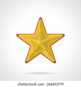 Flat color design vector icon for yellow starfish with red contour on white background. Underwater creatures