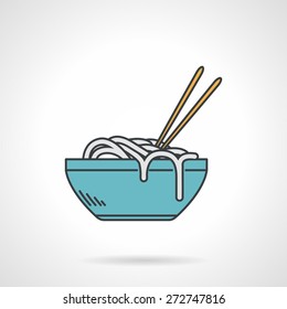 Flat Color Design Vector Icon For Blue Bowl With Noodle And Chopsticks On White  Background