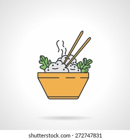 Flat color design vector icon for yellow bowl with hot rice and chopsticks on white  background
