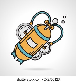 Flat color design vector icon with black contour for yellow aqualung with single ballon on white background.