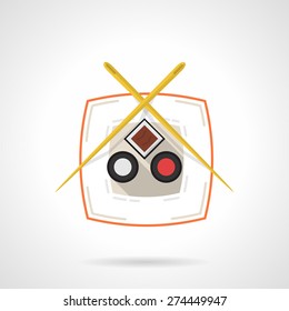 Flat color design vector icon for square plate with orange contour with sushi set and yellow chopsticks on white background.