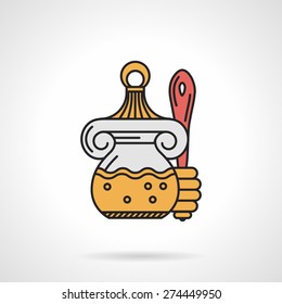 Flat color design vector icon for transparent honey jar with red stick on gray background.