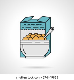 Flat color design vector icon for box and bowl with cereal on white background. Breakfast menu