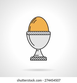 Flat color design vector icon for yellow boiled egg in gray cup on white background. Breakfast menu