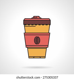 Flat color design vector icon for yellow coffee cup with red lid and holder with coffee bean on white background.