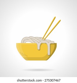Flat color design vector icon for yellow bowl with noodles and yellow chopsticks on white background.