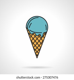 Flat color design vector icon for ice cream with blue ball and cone waffle on white background.