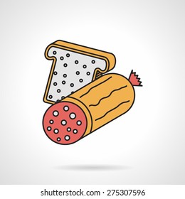 Flat color design vector icon for bread and sausage on white background. Ingredients for sandwich