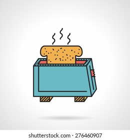 Flat color design vector icon for blue toaster with hot slice of bread on white background. 