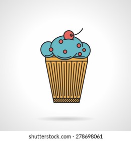 Flat color design vector icon for berry muffin with cherry on top on white background. 