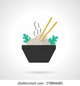 Flat color design vector icon for black dish with rice and chopsticks on white background. 