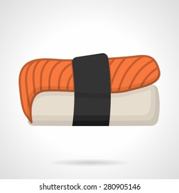 Flat color design vector icon for nigiri sushi with salmon red slice on white background.