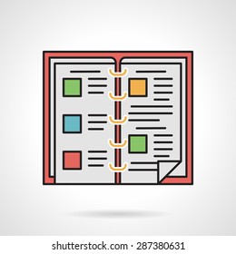Flat color design vector icon for sample menu book with rings on white background.