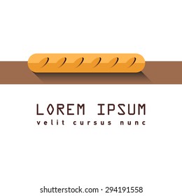 Flat color design vector icon for long yellow baguette on paper broun table on white background with long shadows. Laybel bakery, bake, loaf, roll
