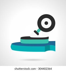 Flat color design vector icon for close-up part of blue longboard deck with black wheel. Design element for business and website. Element for the logo