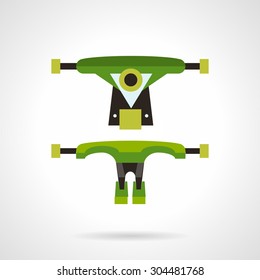 Flat color design vector icon for green suspension with wheels for skateboard or longboard. Design element for business, logo and website.