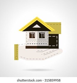 Flat color design vector icon for sale of houses. Hand holds house. Rental and sale of residential property. Web design element for business.