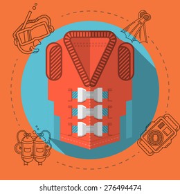 Flat color design vector illustration with round blue icon for red life jacket and gray diving accessory around on red background. Long shadow design.