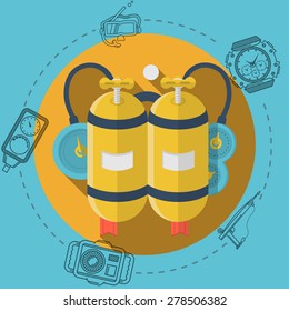 Flat color design vector illustration with round yellow icon for aqualung and gray contour diving gear around on blue background. Long shadow design