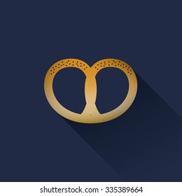 Flat color design vector pretzel icon on dark blue background. Long shadow design