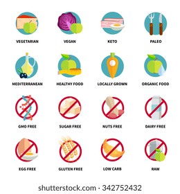 Flat color diets icons set  with inscriptions   isolated vector illustration