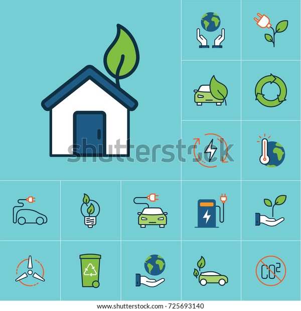 flat color eco house with leaf icon, green\
energy set on blue\
background