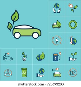 Flat Color Electric Car With Leafs Icon, Green Energy Set On Blue Background