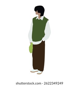 Flat Color Fashion Illustration, Japanese Male Model, Modern Vector Man in Japanese Streetwear Style
