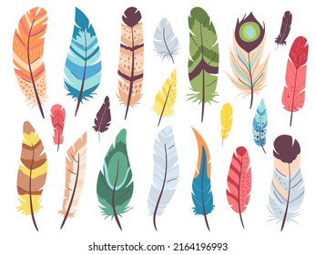 Flat Color Feathers. Bird Feather, Tribal Indigenous Indian Decorative Elements. Elegant Multicolor Accessory Kit, Plumage With Geometry Ornament Decent Vector Set