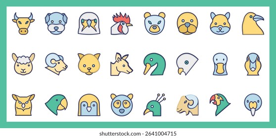 
Flat Color Fill Animal Heads and Faces Icons for Kids and Wildlife Education
